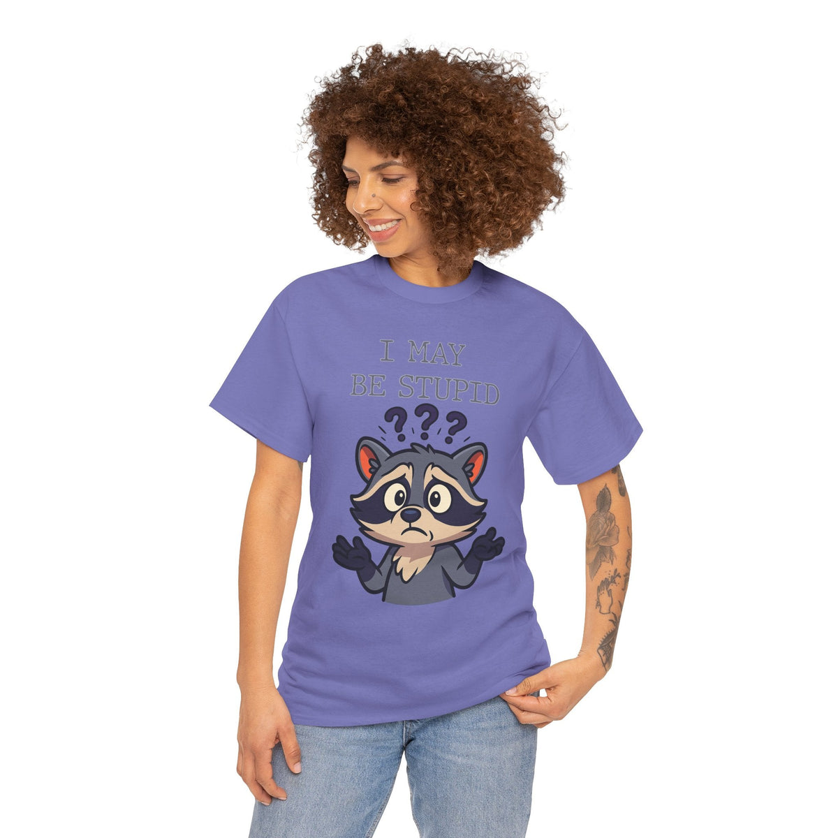 Funny Raccoon Shirt – "I May Be Stupid" Meme Tee – Cartoon Animal Humor T-Shirt – Gildan 5000