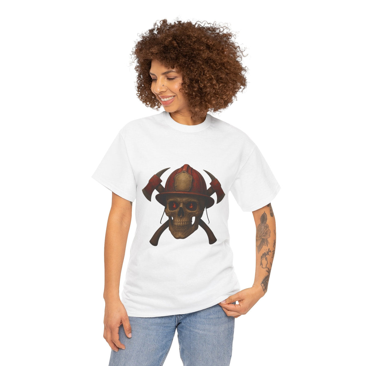 Skull Firefighter Tee, Unisex Heavy Cotton Shirt, Firefighter Gift, Halloween Costume T-Shirt, Unique Graphic Tee, Casual Wear