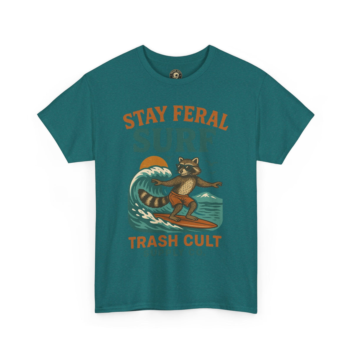 Stay Feral Surf Shirt – Retro Raccoon Beach Tee – Trash Cult Supply Co – Gildan 5000