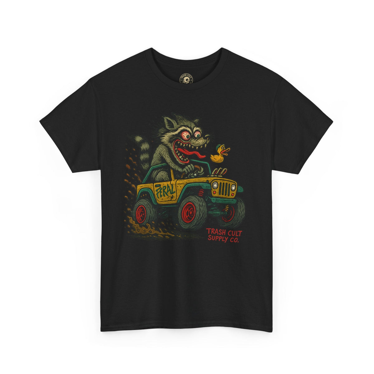 Feral Jeep Raccoon Shirt – Ed Roth Style Off-Road Chaos | Trash Cult Supply Co | Gildan 5000 Tee