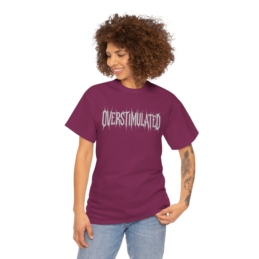 OVERSTIMULATED Metalcore Grunge Shirt – White on Black Distressed Font Tee