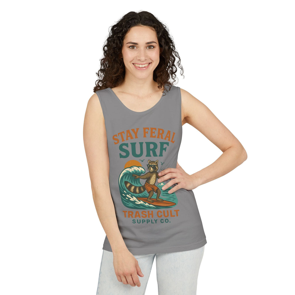 Stay Feral Surf Tank Top – Retro Raccoon Beach Tank – Trash Cult Supply Co – Comfort Colors 9360