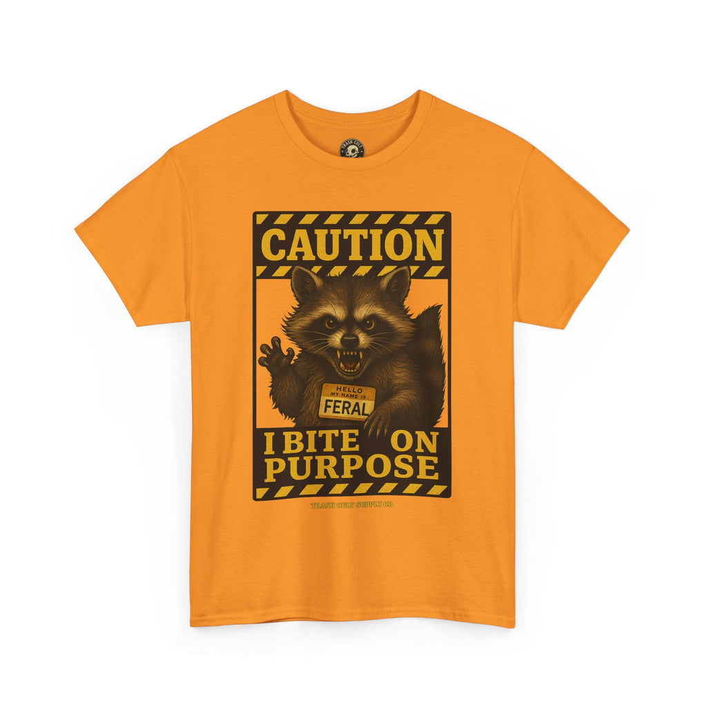 I Bite On Purpose Raccoon Warning T-Shirt – Caution Sign Style | Trash Cult Supply Co | Gildan 5000
