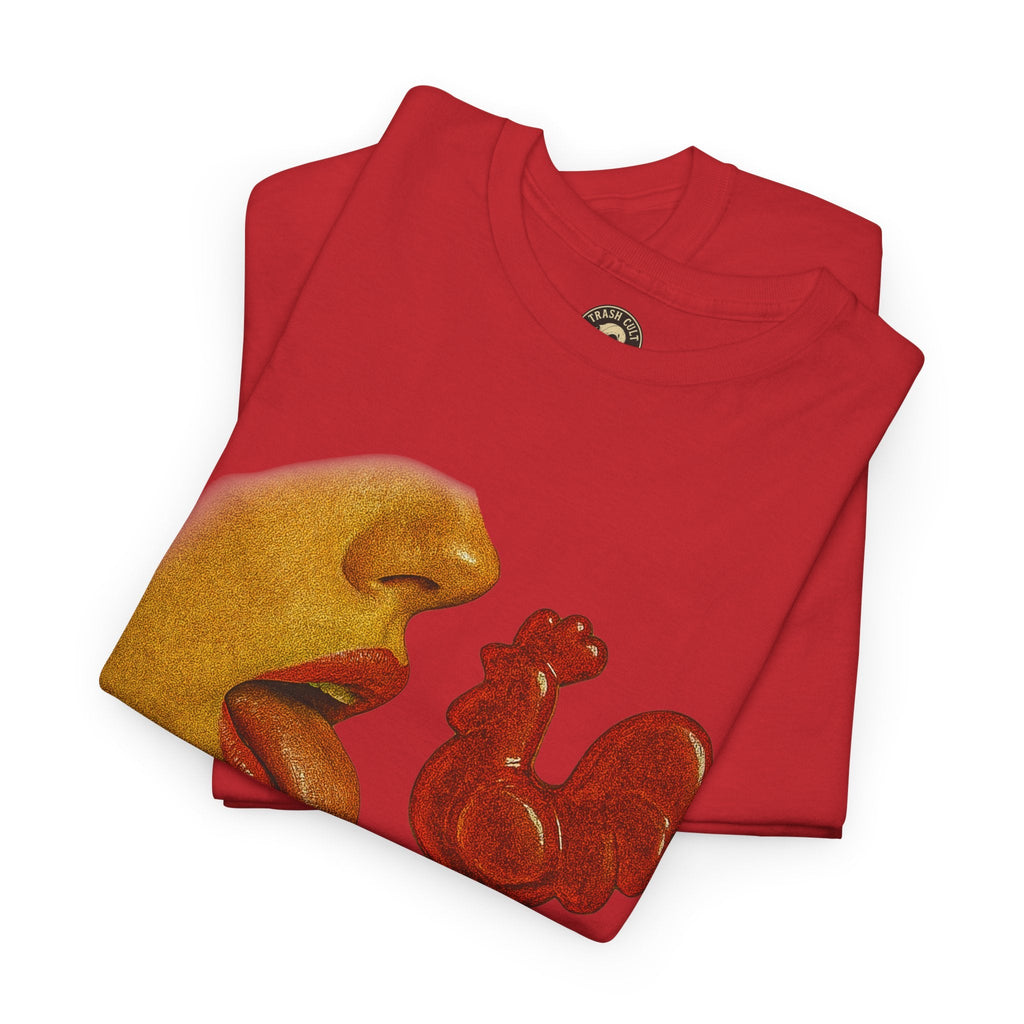 Bold Retro Halftone Tease – Red Rooster Lollipop Graphic Tee