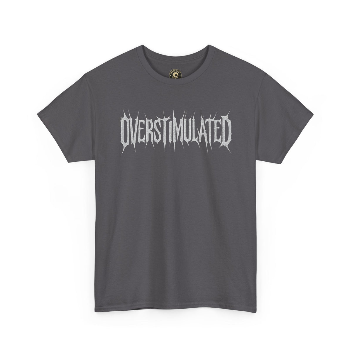 OVERSTIMULATED Metalcore Grunge Shirt – White on Black Distressed Font Tee