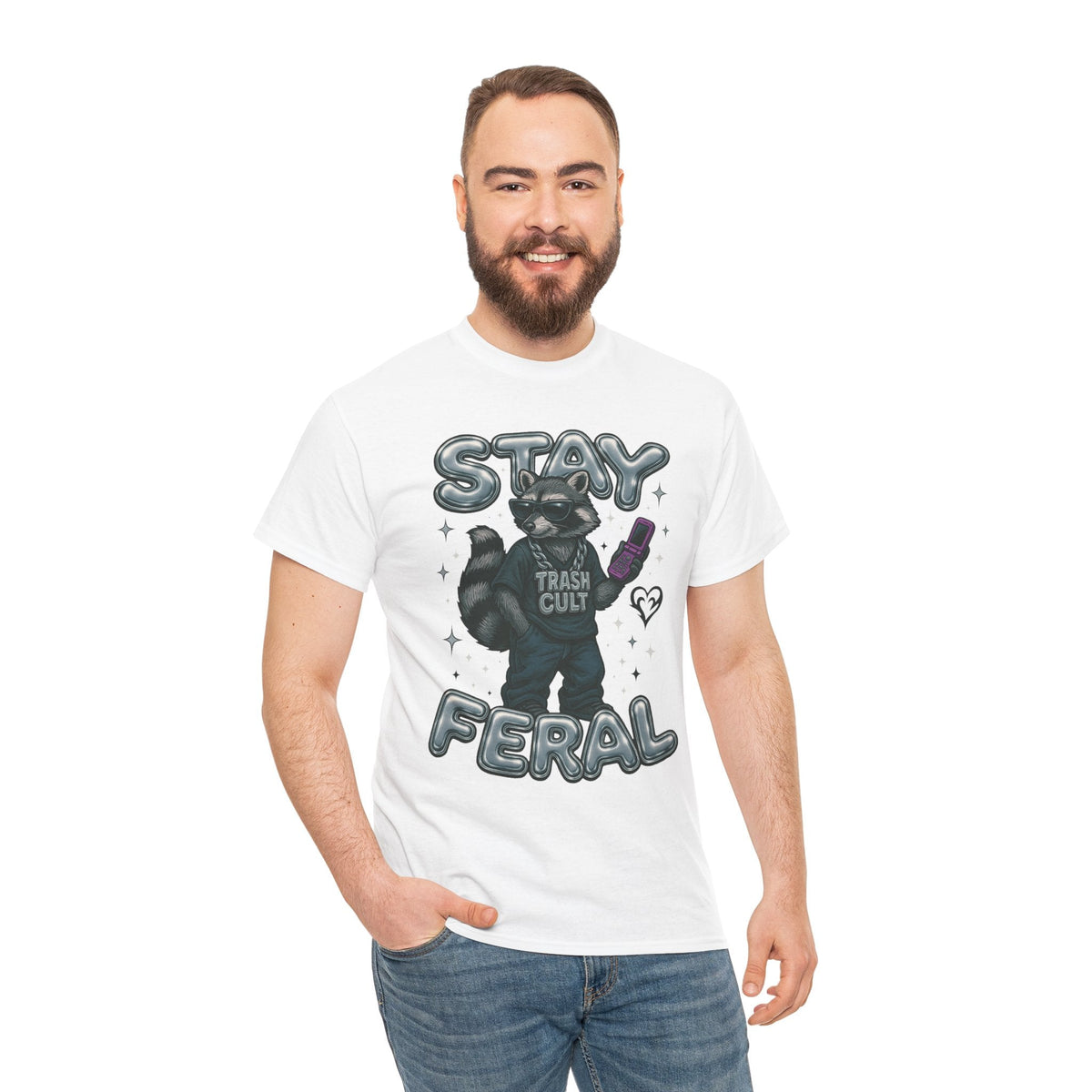 Stay Feral Chrome Raccoon Tee – Y2K Streetwear Trash Cult Shirt