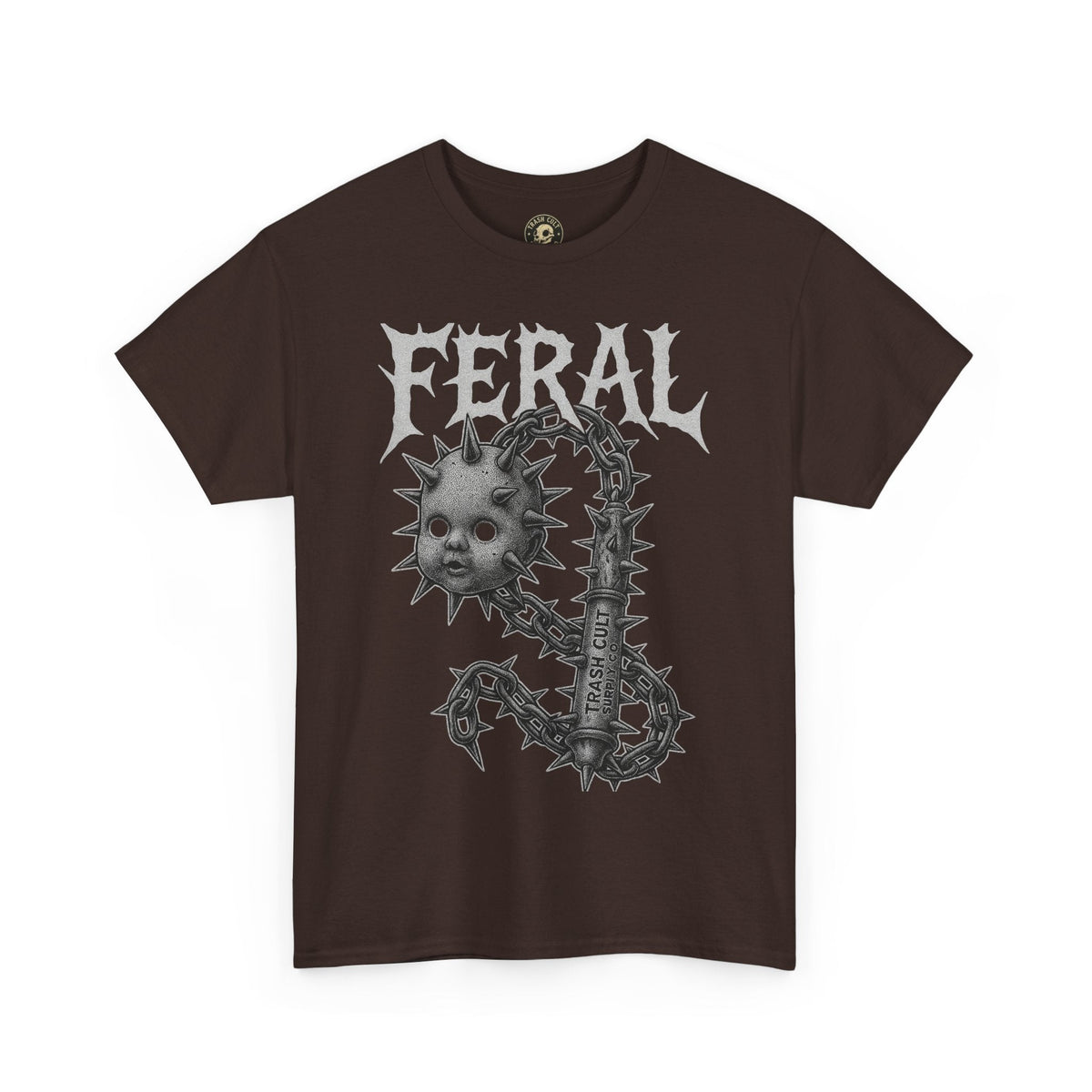 FERAL Spiked Doll Flail Tee – Halftone Gothic Weapon Shirt | Trash Cult Supply Co. | Gildan 5000