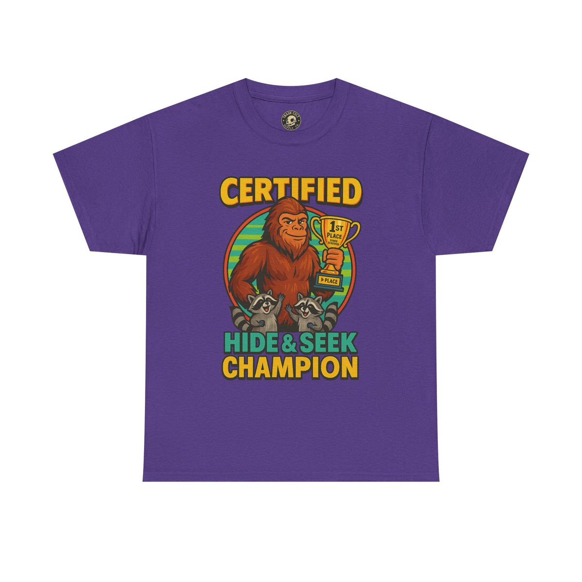 Certified Hide & Seek Champion Bigfoot T-Shirt – Funny Cryptid Shirt – Raccoon Forest Meme Tee – Gildan 5000