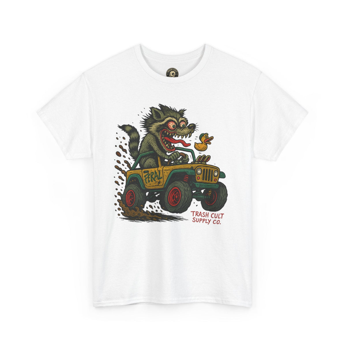 Feral Jeep Raccoon Shirt – Ed Roth Style Off-Road Chaos | Trash Cult Supply Co | Gildan 5000 Tee