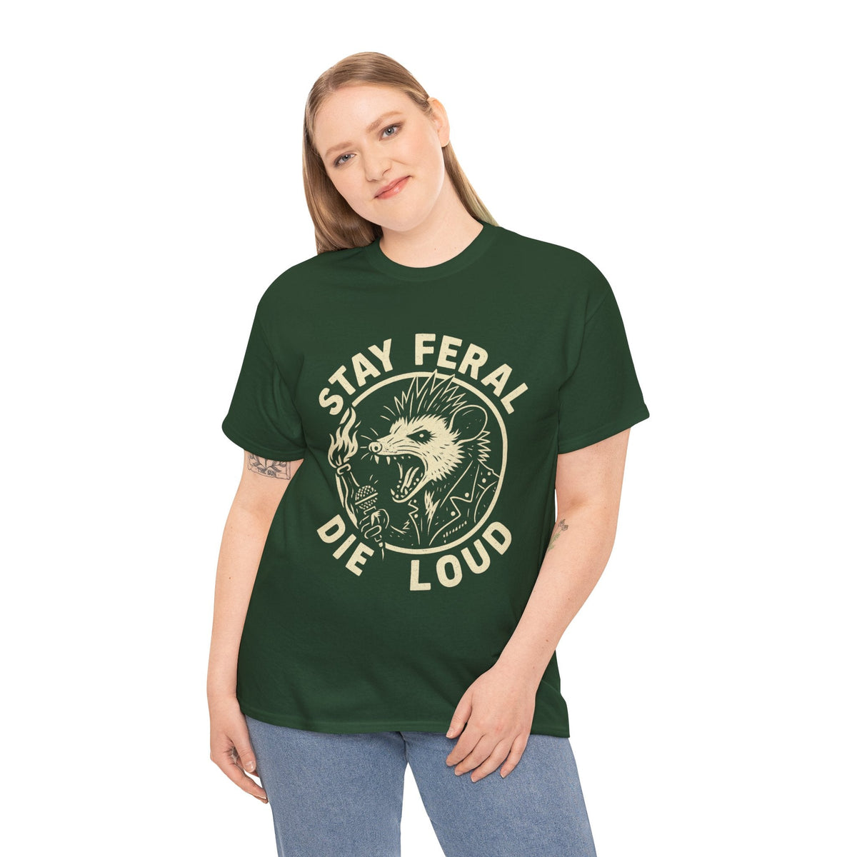 Stay Feral Die Loud Possum Punk Shirt – Trash Cult Supply Co – Gildan 5000 T-Shirt