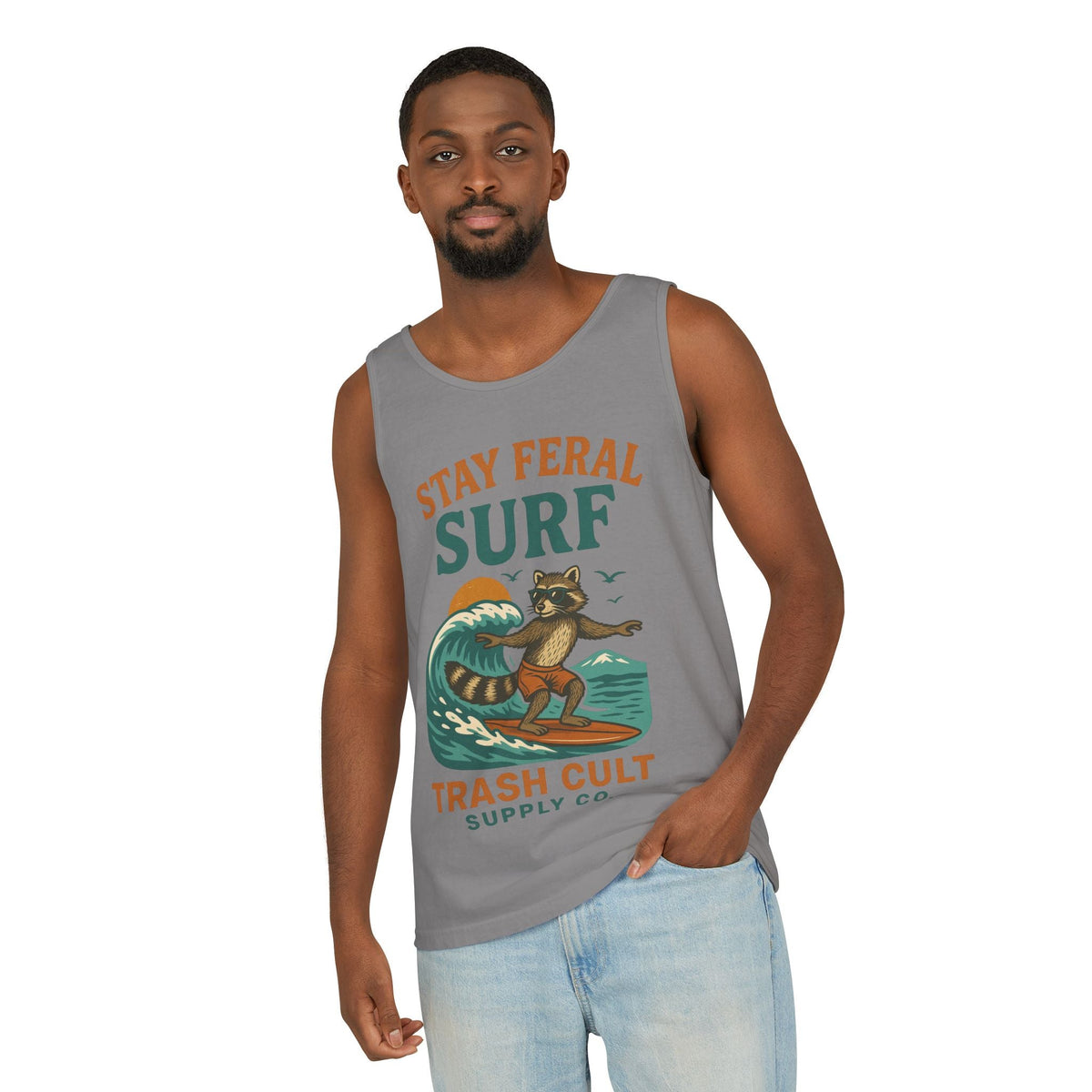 Stay Feral Surf Tank Top – Retro Raccoon Beach Tank – Trash Cult Supply Co – Comfort Colors 9360