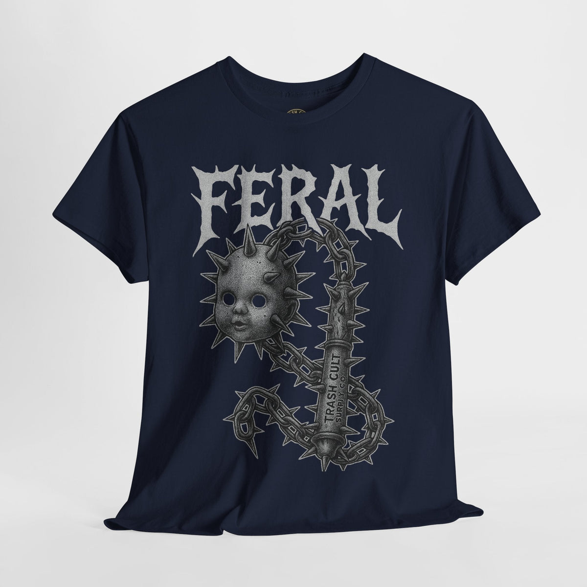 FERAL Spiked Doll Flail Tee – Halftone Gothic Weapon Shirt | Trash Cult Supply Co. | Gildan 5000