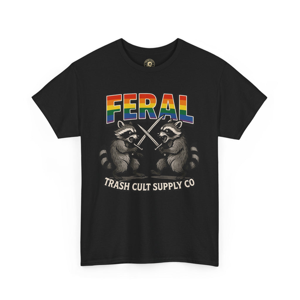 FERAL Rainbow Raccoon Sword Fighting Graphic Tee – Gildan 5000 Heavy Cotton