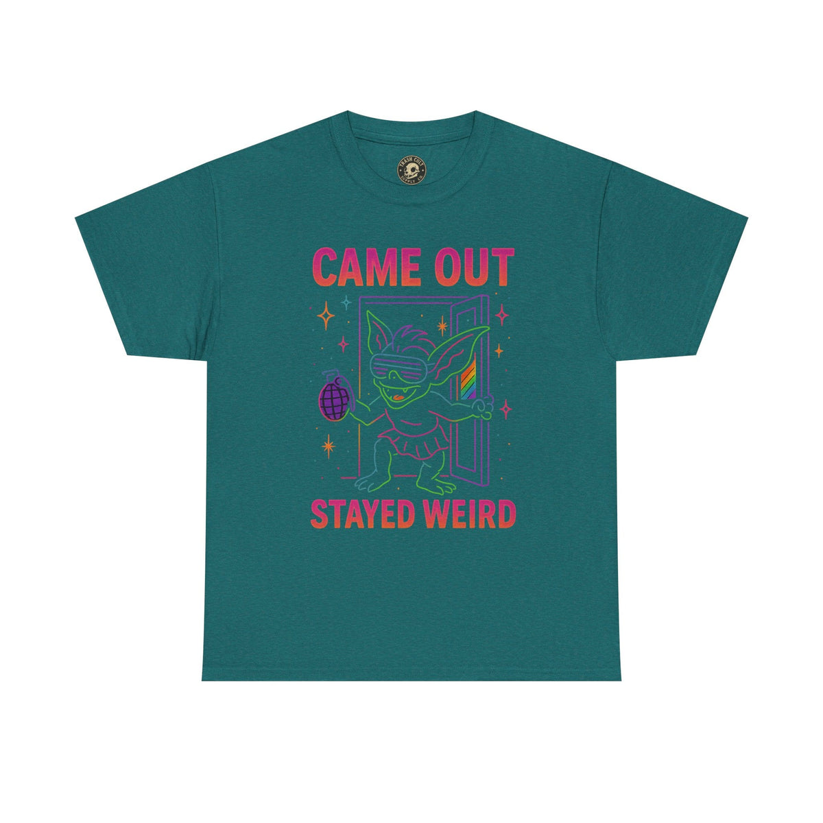Came Out, Stayed Weird – Neon Gremlin Pride T-Shirt | Gildan Unisex Heavy Cotton Tee | LGBTQ+ Graphic Shirt