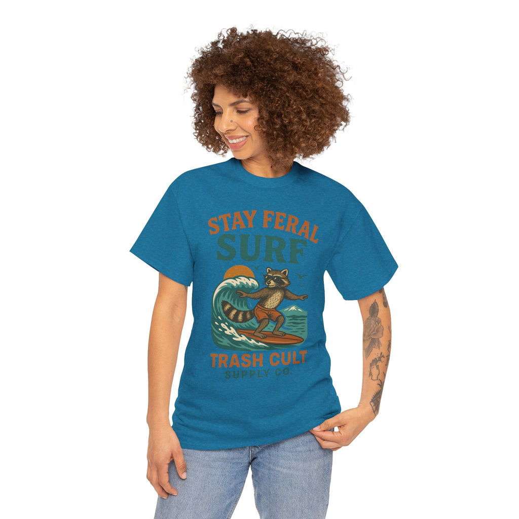 Stay Feral Surf Shirt – Retro Raccoon Beach Tee – Trash Cult Supply Co – Gildan 5000
