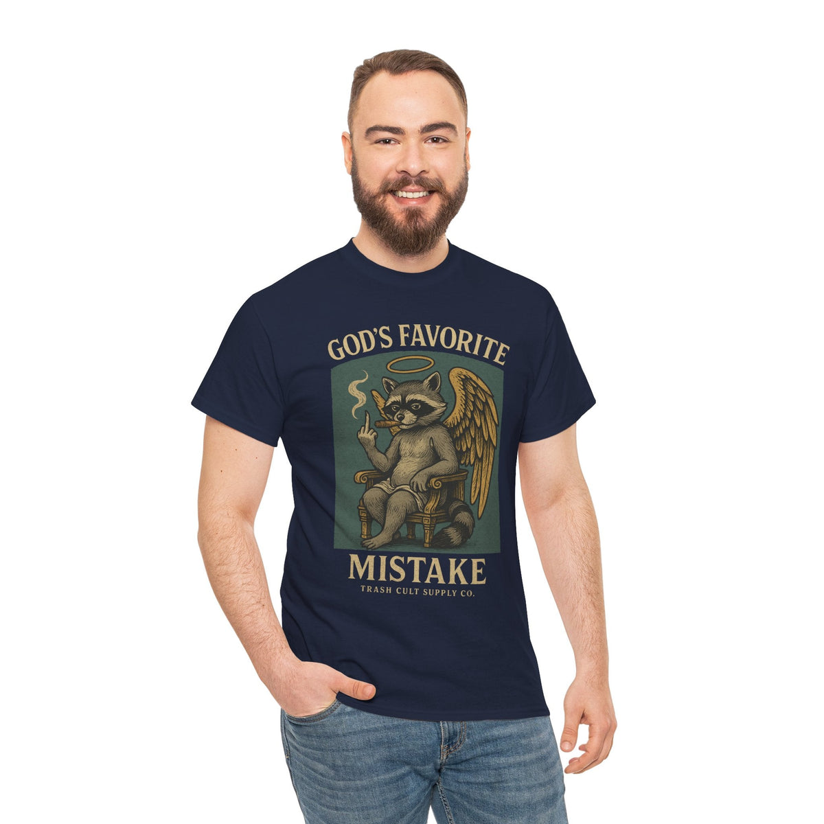God’s Favorite Mistake Shirt – Raccoon Angel Flipping the Bird by Trash Cult Supply Co.
