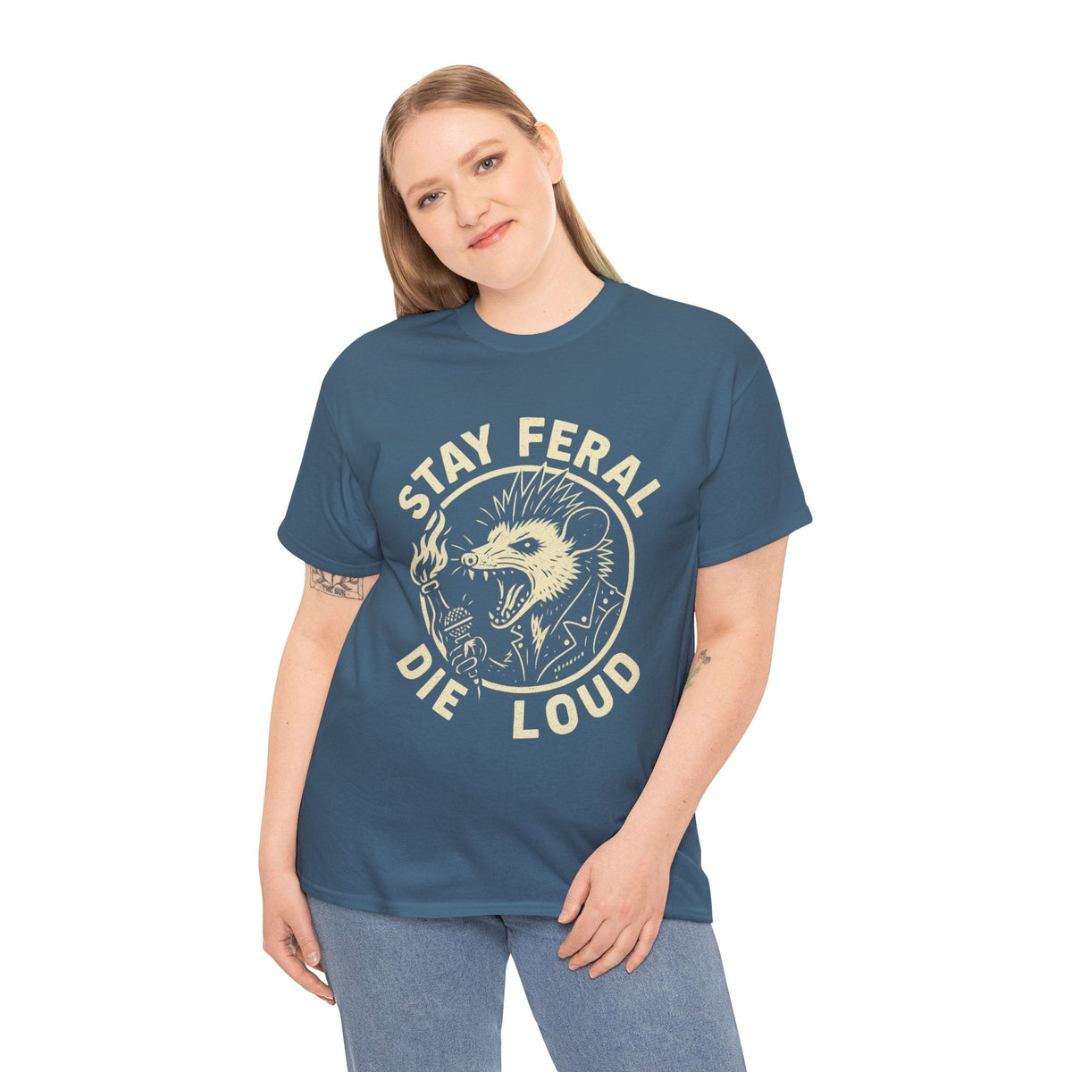 Stay Feral Die Loud Possum Punk Shirt – Trash Cult Supply Co – Gildan 5000 T-Shirt