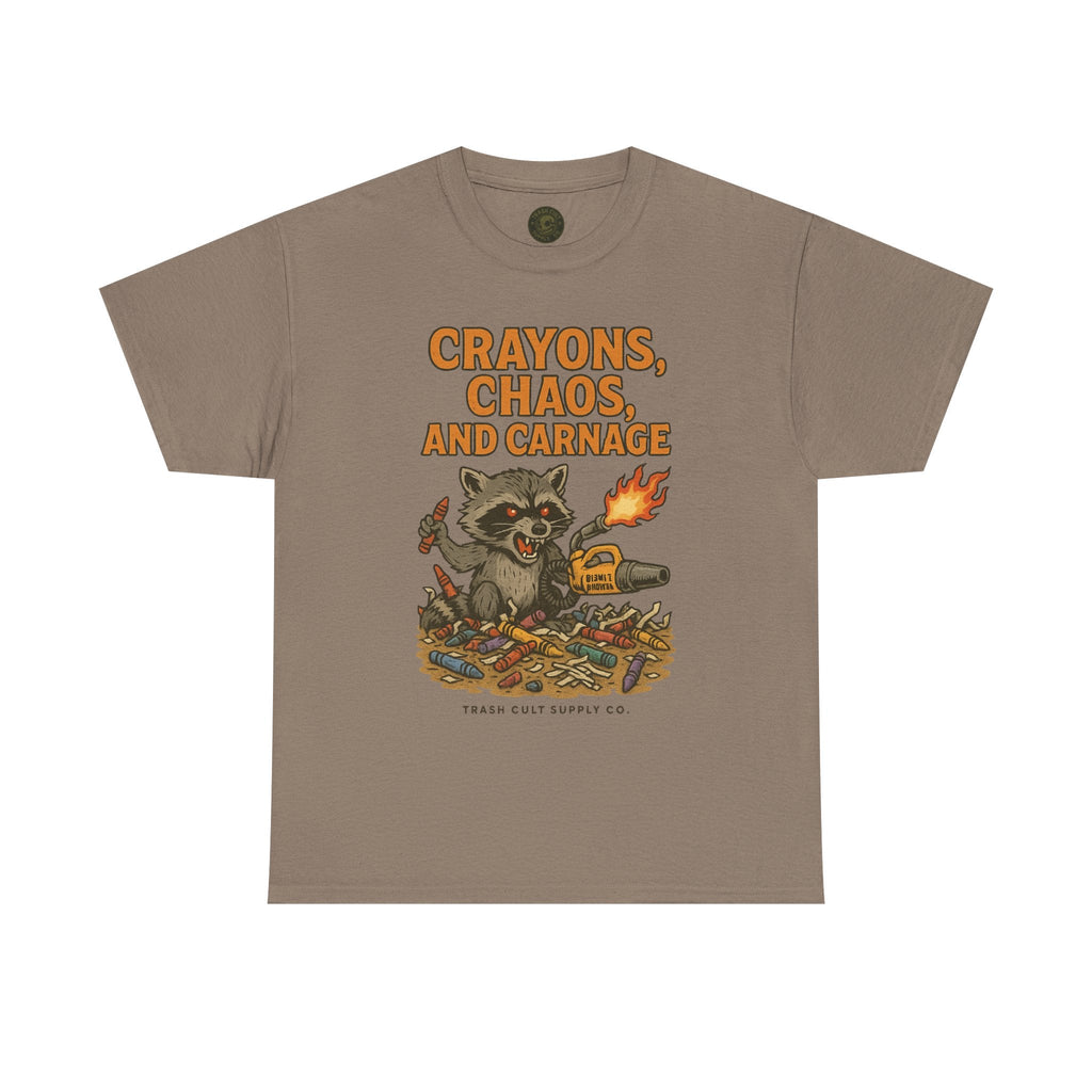 Crayons, Chaos, and Carnage T-Shirt – Dark Humor Raccoon Graphic | Trash Cult Supply Co. | Gildan 5000 Tee