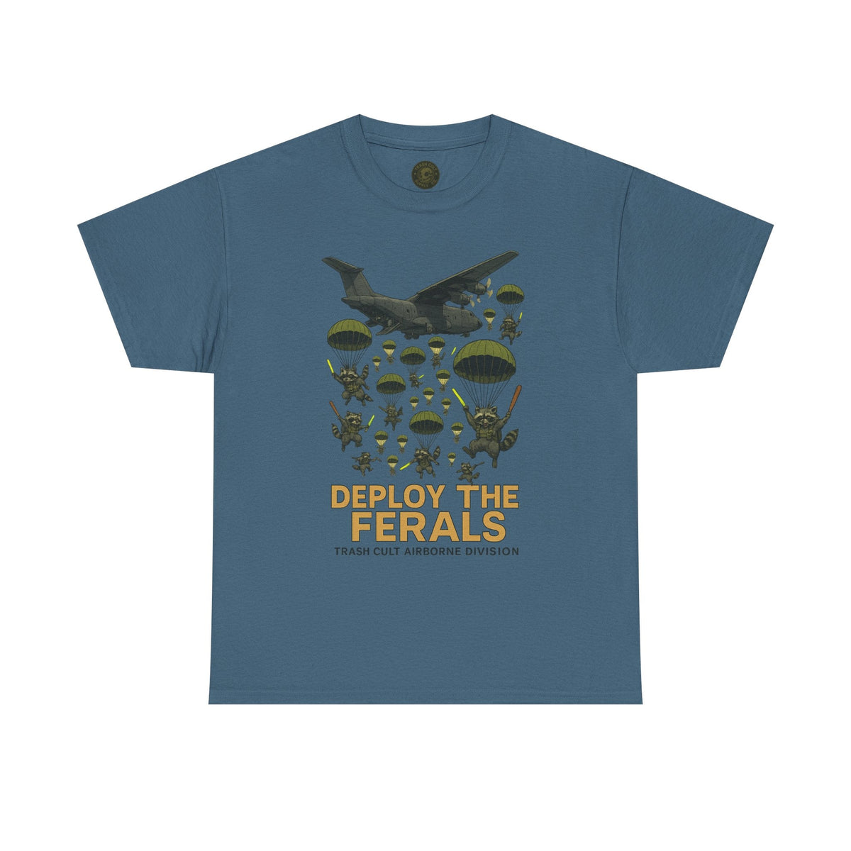Deploy the Ferals T-Shirt – Airborne Raccoon Drop Graphic | Trash Cult Supply Co. | Gildan 5000 Heavy Cotton Tee