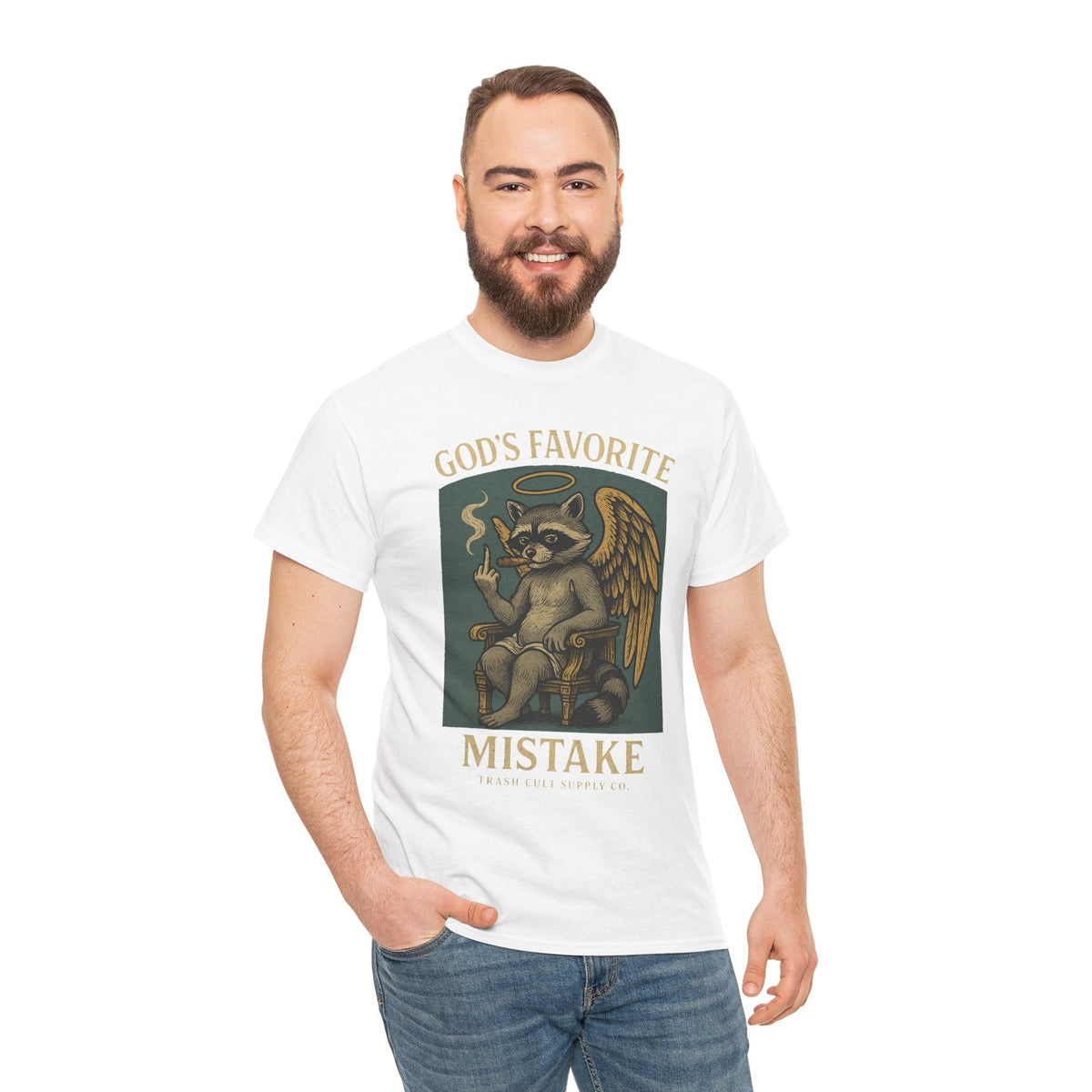 God’s Favorite Mistake Shirt – Raccoon Angel Flipping the Bird by Trash Cult Supply Co.