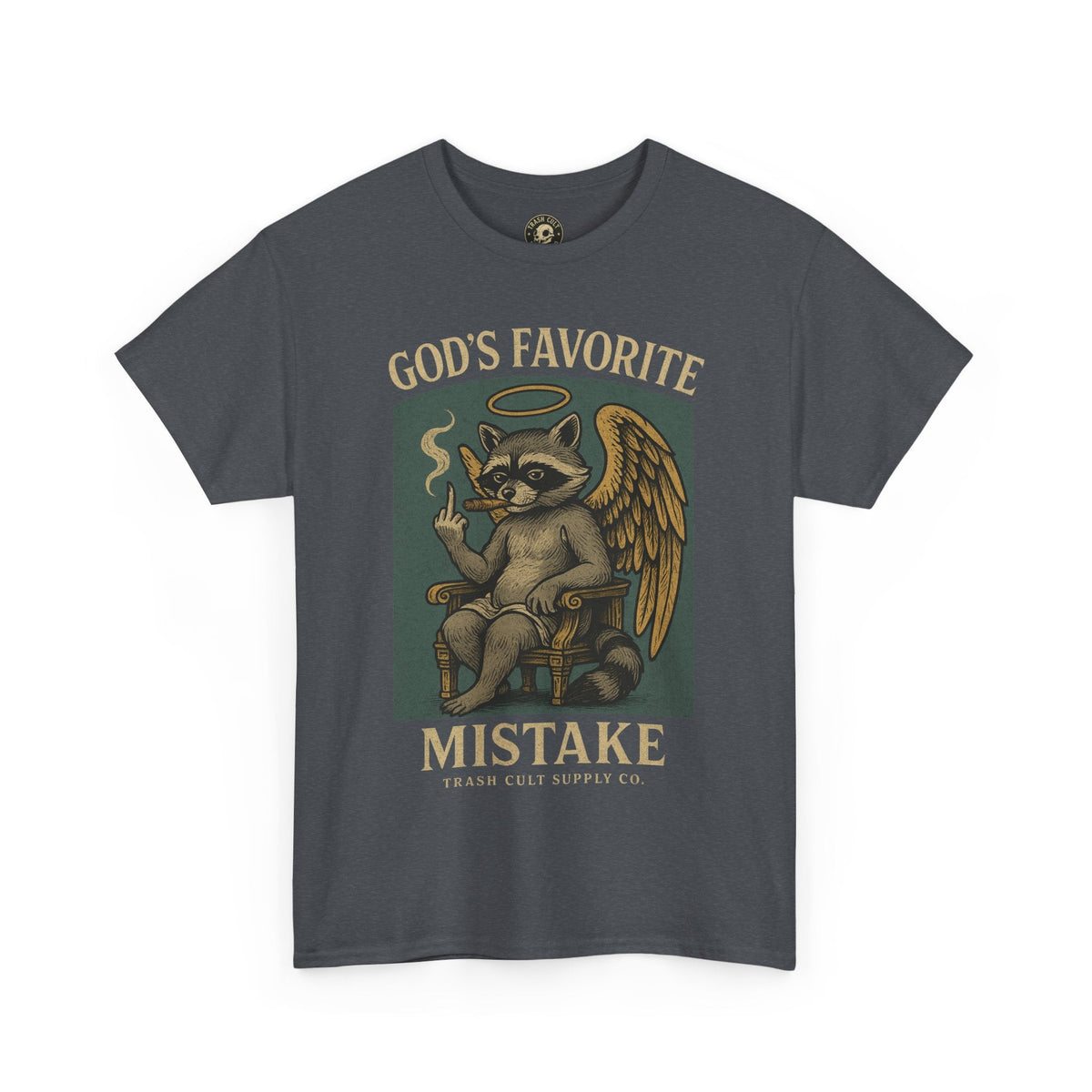 God’s Favorite Mistake Shirt – Raccoon Angel Flipping the Bird by Trash Cult Supply Co.