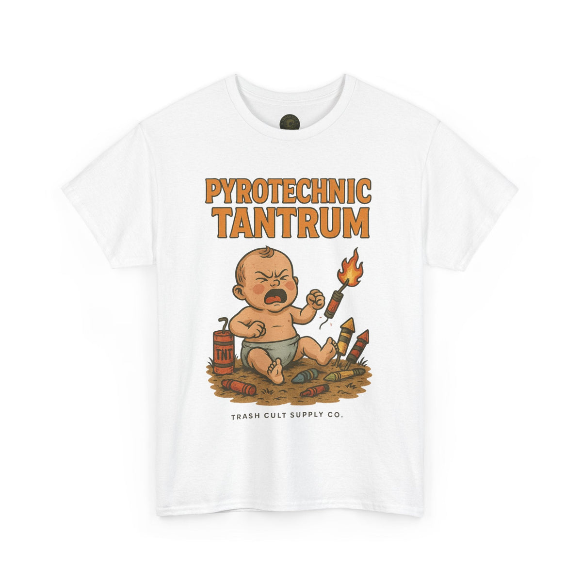 Pyrotechnic Tantrum T-Shirt – Explosive Baby Humor Graphic | Trash Cult Supply Co. | Gildan 5000 Tee