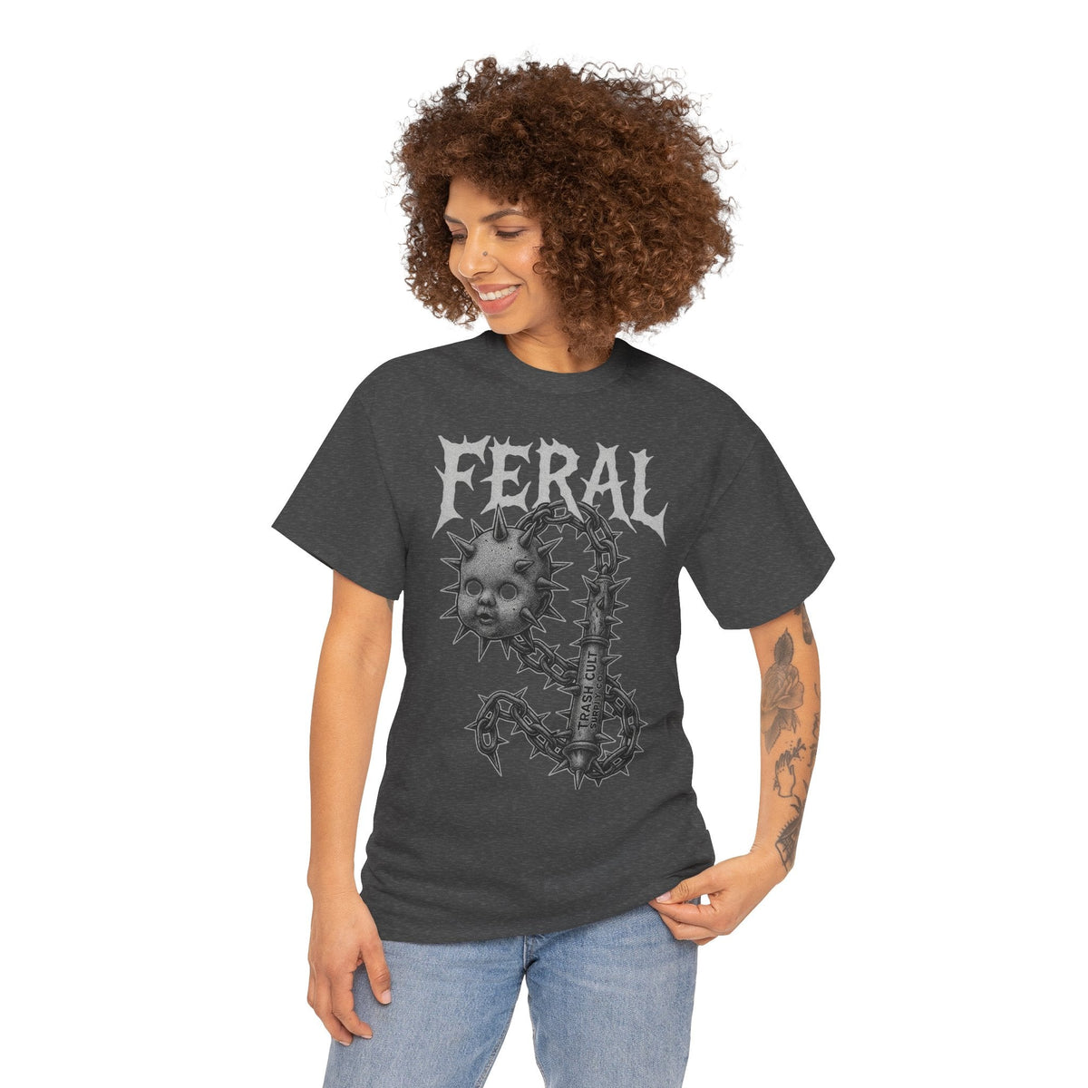 FERAL Spiked Doll Flail Tee – Halftone Gothic Weapon Shirt | Trash Cult Supply Co. | Gildan 5000
