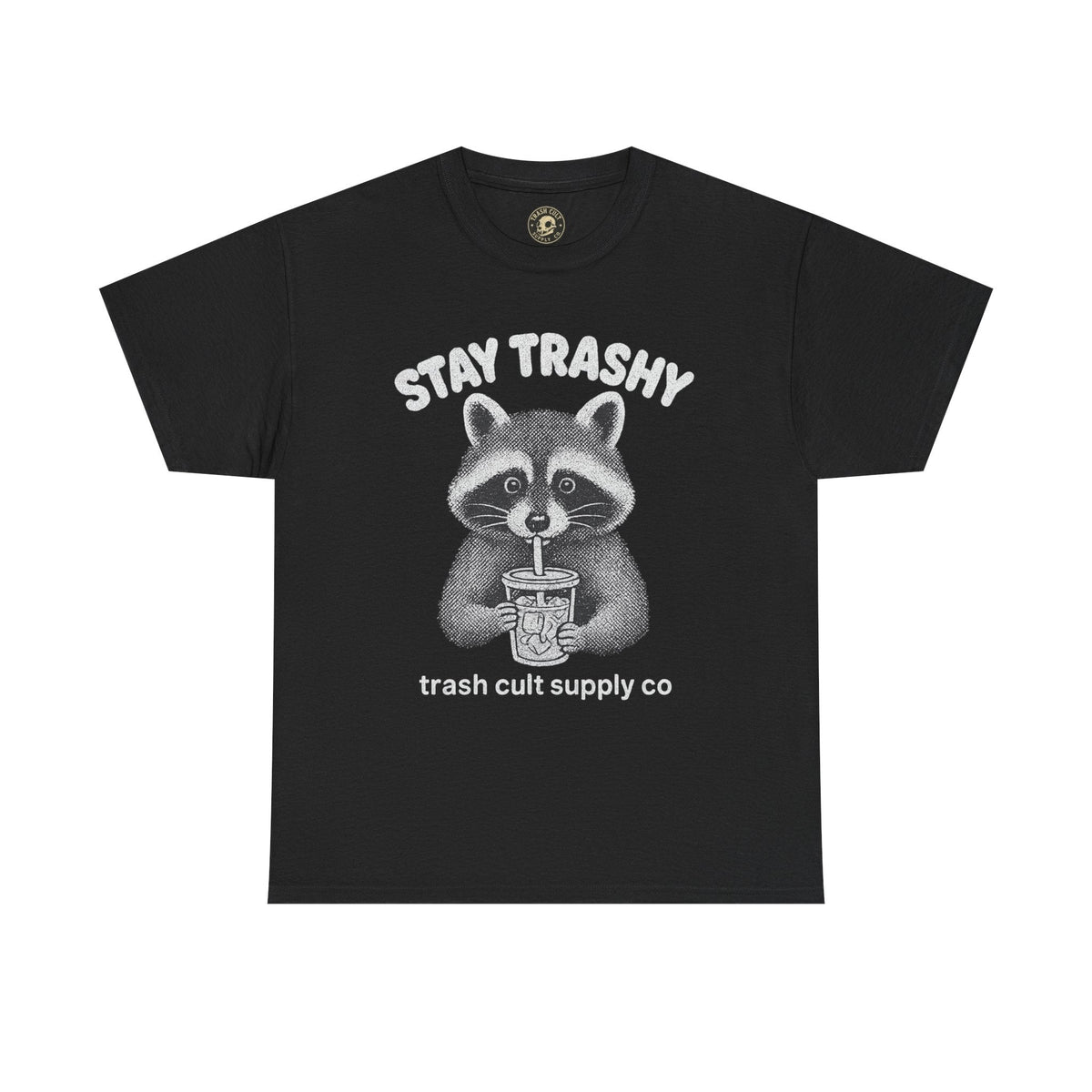 Stay Trashy Raccoon Iced Coffee Shirt – Halftone All White Design | Trash Cult Supply Co.