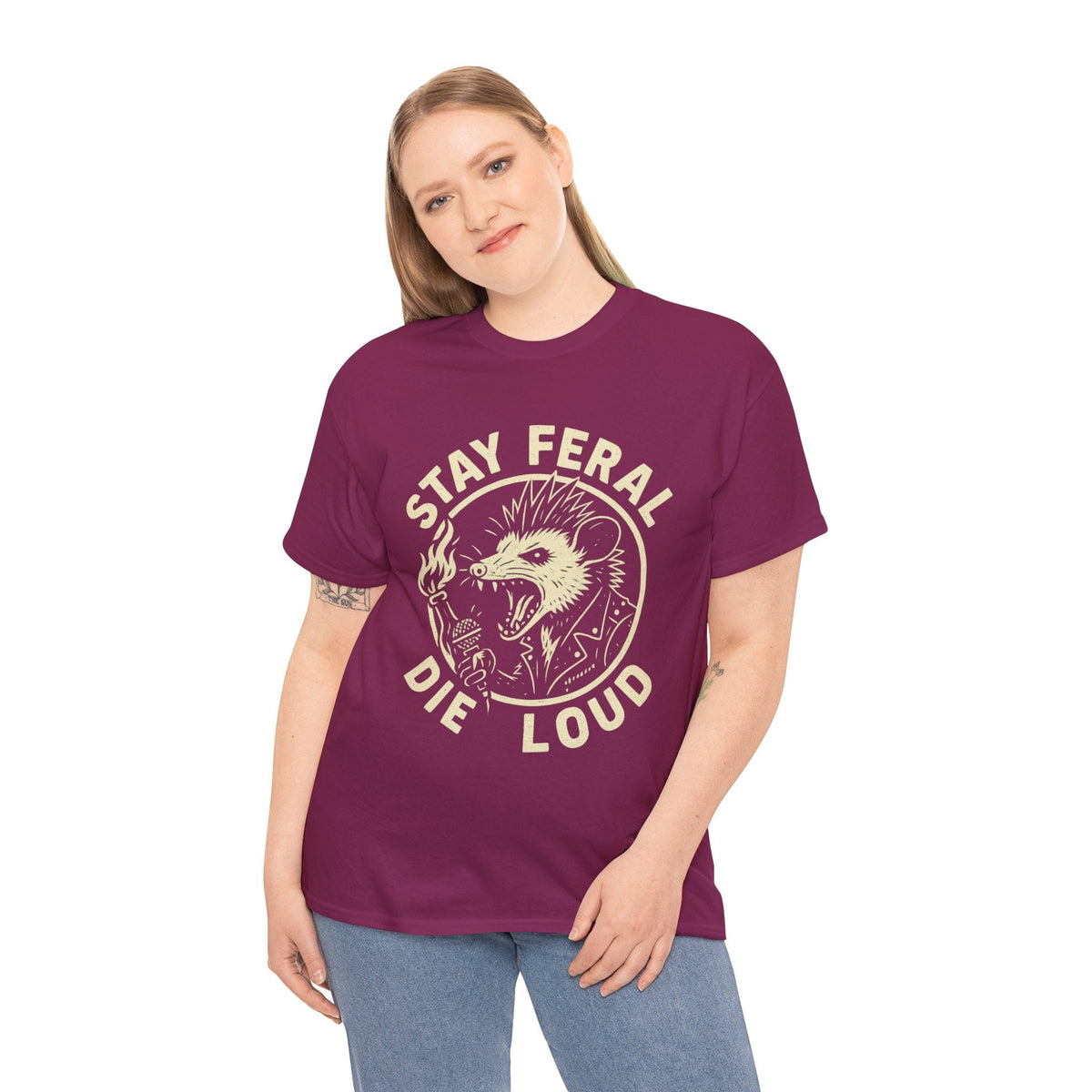Stay Feral Die Loud Possum Punk Shirt – Trash Cult Supply Co – Gildan 5000 T-Shirt