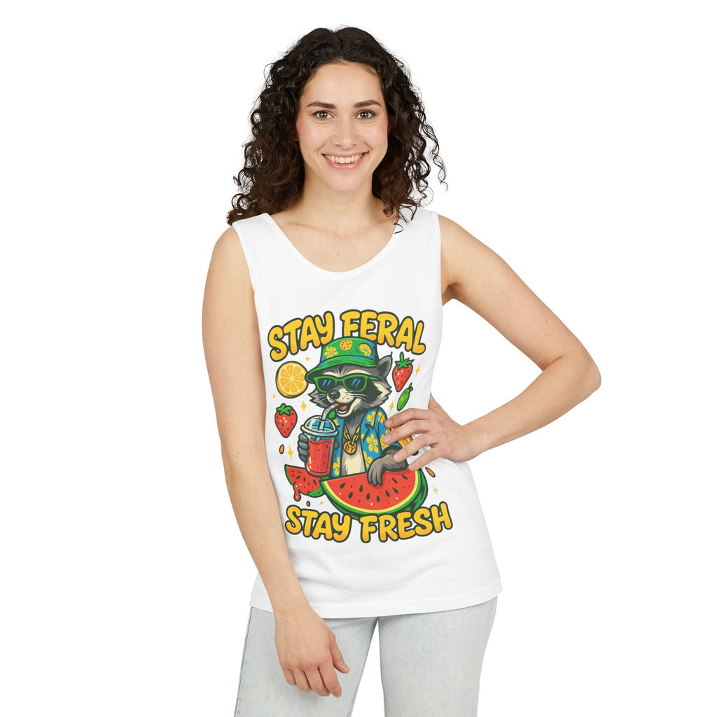 Stay Feral Stay Fresh Tank Top, Summer Apparel, Unisex Graphic Tee, Beachwear, Fun Gift for Animal Lovers
