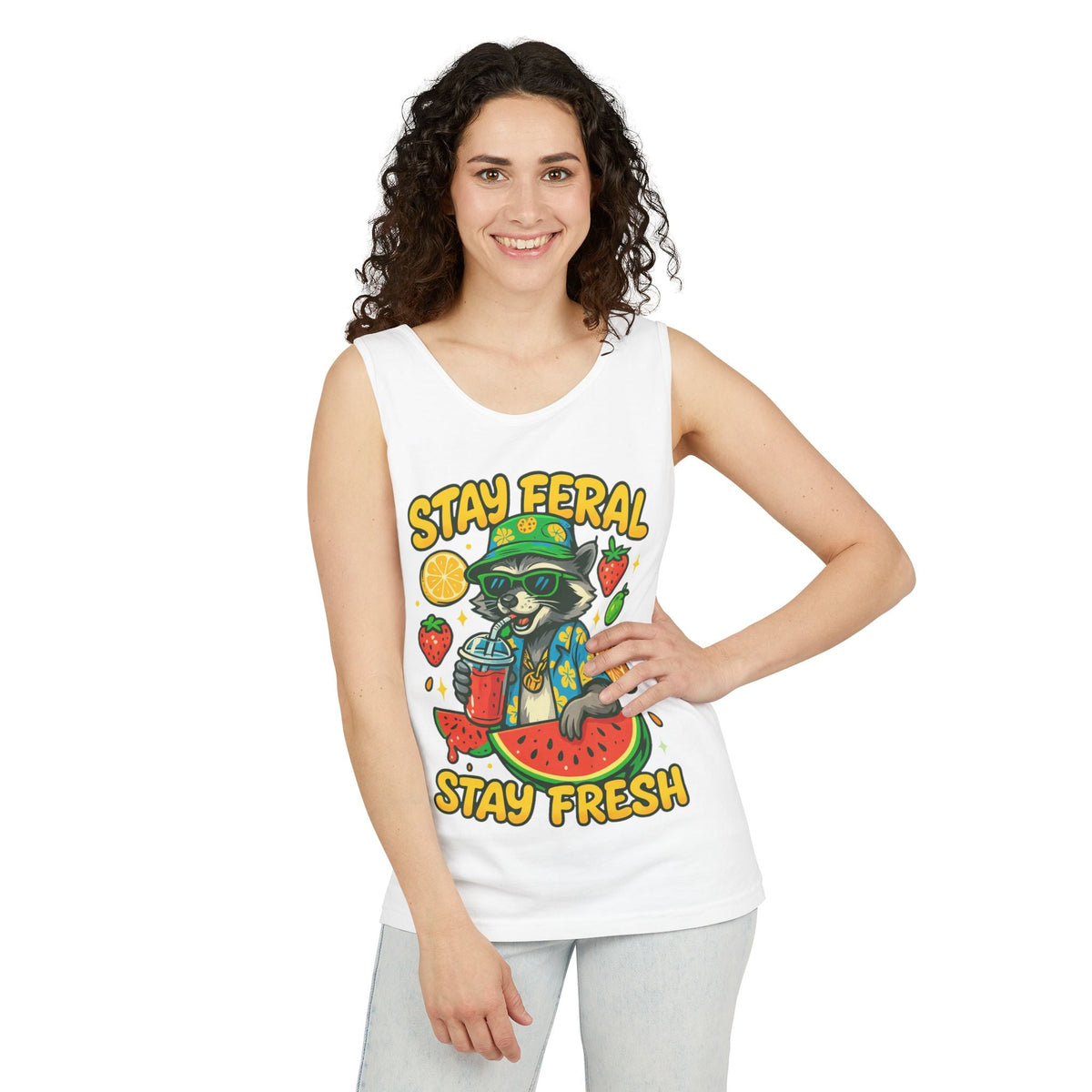Stay Feral Stay Fresh Tank Top, Summer Apparel, Unisex Graphic Tee, Beachwear, Fun Gift for Animal Lovers