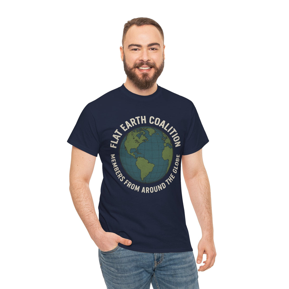 Flat Earth Coalition Funny Globe Parody Shirt – “Members From Around the Globe” Tee – Satirical Conspiracy Theory Humor Tee