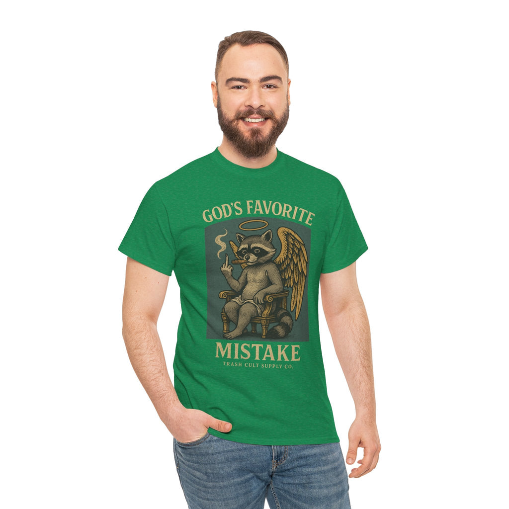 God’s Favorite Mistake Shirt – Raccoon Angel Flipping the Bird by Trash Cult Supply Co.