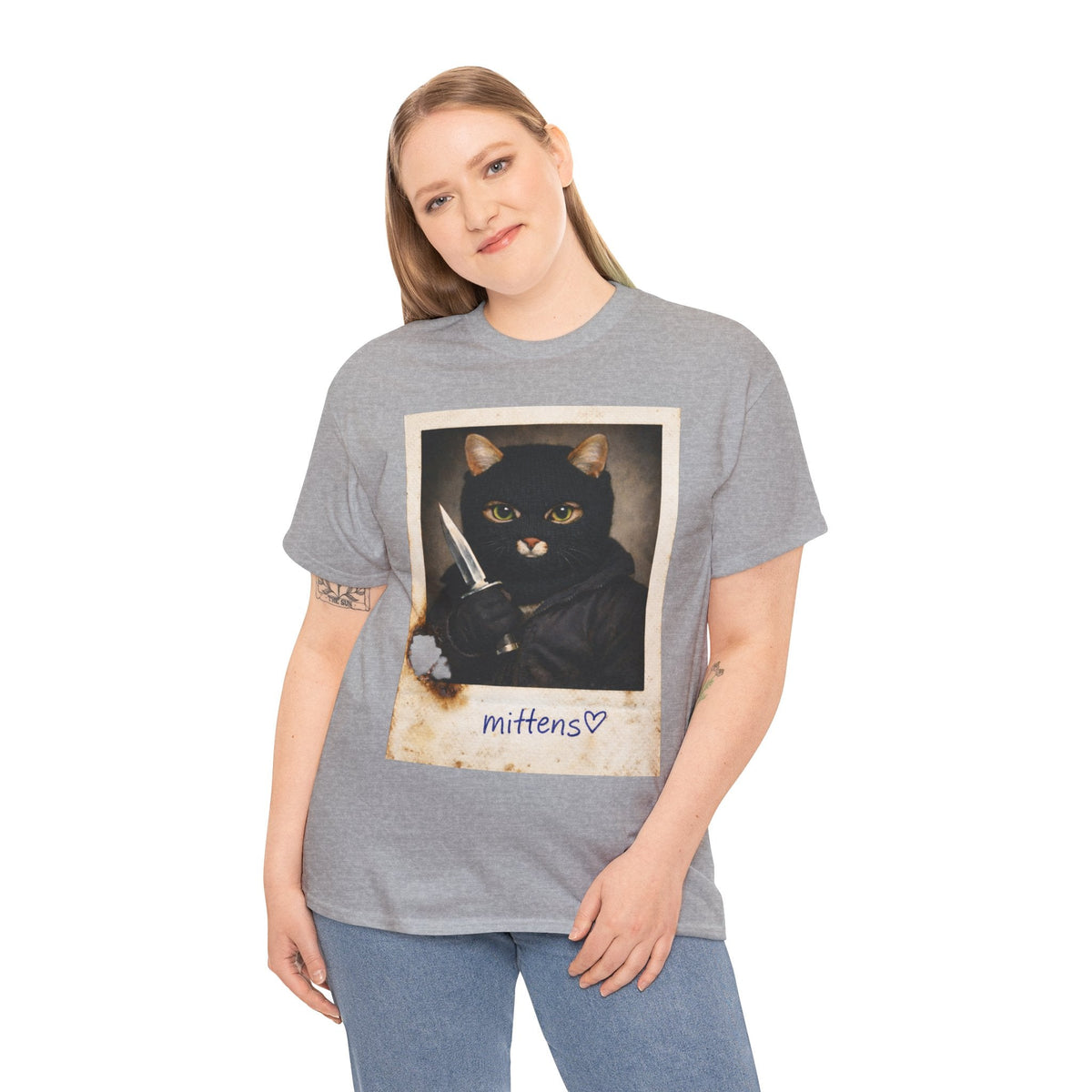 Cat With Knife Tee — "Mittens" Dark Humor Vintage Polaroid Graphic T-Shirt