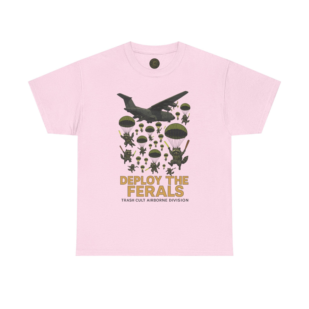 Deploy the Ferals T-Shirt – Airborne Raccoon Drop Graphic | Trash Cult Supply Co. | Gildan 5000 Heavy Cotton Tee