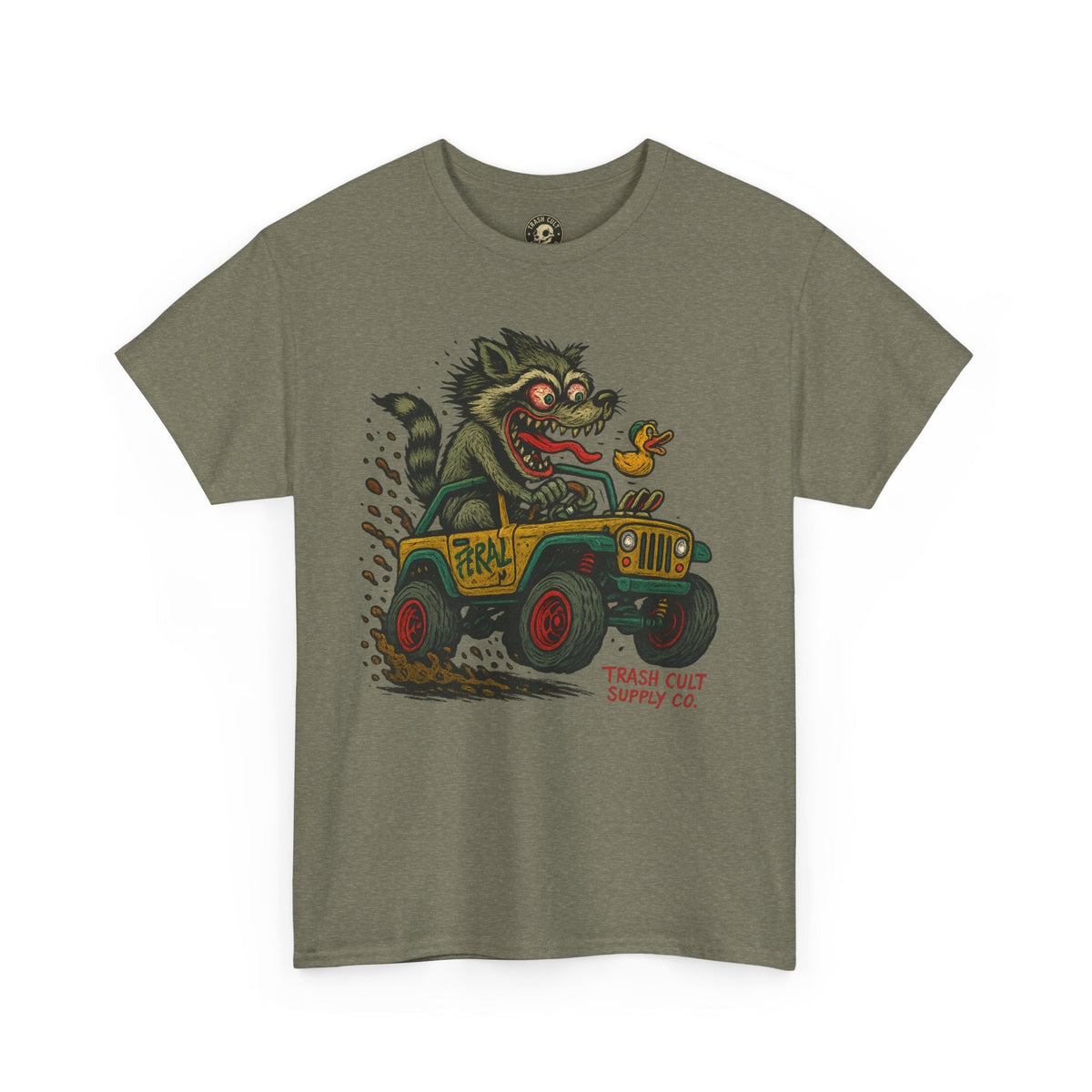 Feral Jeep Raccoon Shirt – Ed Roth Style Off-Road Chaos | Trash Cult Supply Co | Gildan 5000 Tee