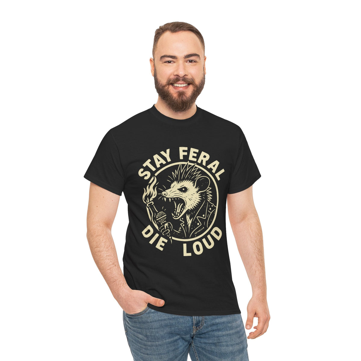 Stay Feral Die Loud Possum Punk Shirt – Trash Cult Supply Co – Gildan 5000 T-Shirt