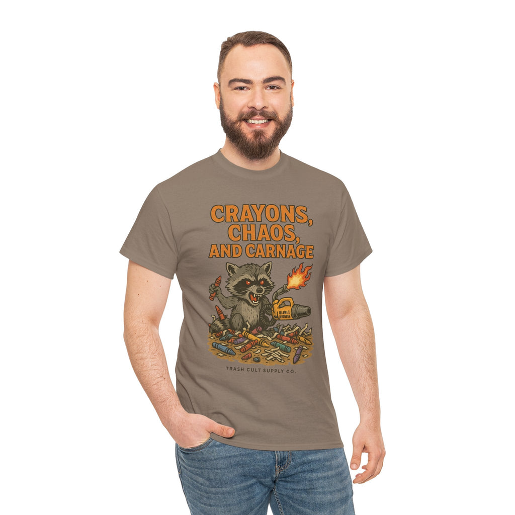 Crayons, Chaos, and Carnage T-Shirt – Dark Humor Raccoon Graphic | Trash Cult Supply Co. | Gildan 5000 Tee