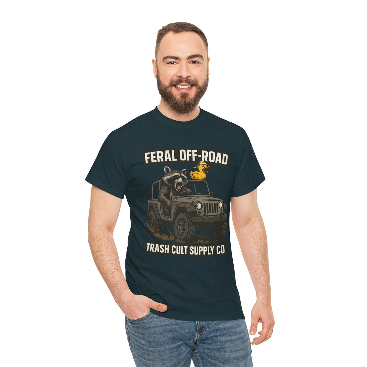 Feral Off-Road Raccoon Jeep Shirt – Mud Slinging Chaos | Trash Cult Supply Co | Gildan 5000 Tee