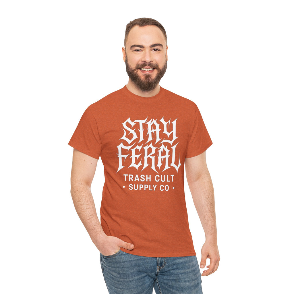 Unisex Heavy Cotton Tee - Stay Feral Graphic Tee, Streetwear Shirt, Gift for Wild Spirits, Eco-Friendly Casualwear, Summer Fashion