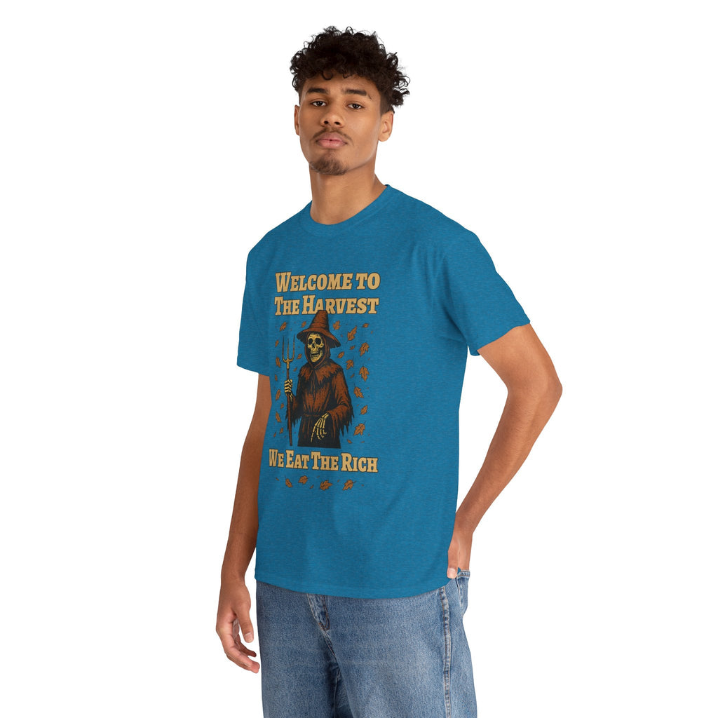 Eat the Rich Shirt – Welcome to the Harvest Skeleton Scarecrow Tee – Fall of Humanity Collection – Trash Cult Supply Co.