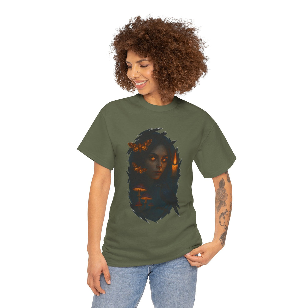 Mystical Night Unisex Heavy Cotton Tee, Witchy Shirt, Halloween Apparel, Fantasy Tee, Gift for Her, Art Graphic Tee