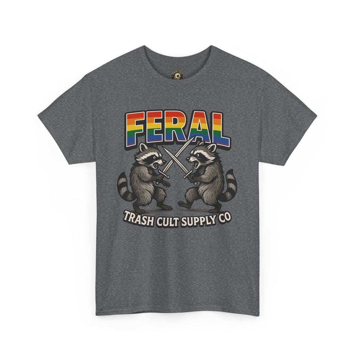 FERAL Rainbow Raccoon Sword Fighting Graphic Tee – Gildan 5000 Heavy Cotton