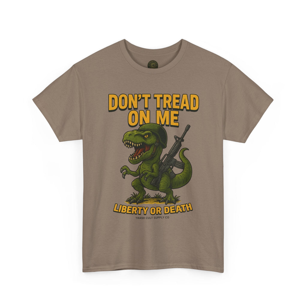 Don’t Tread On Me T-Rex T-Shirt – Liberty or Death Graphic | Trash Cult Supply Co. | Gildan 5000 Heavy Cotton