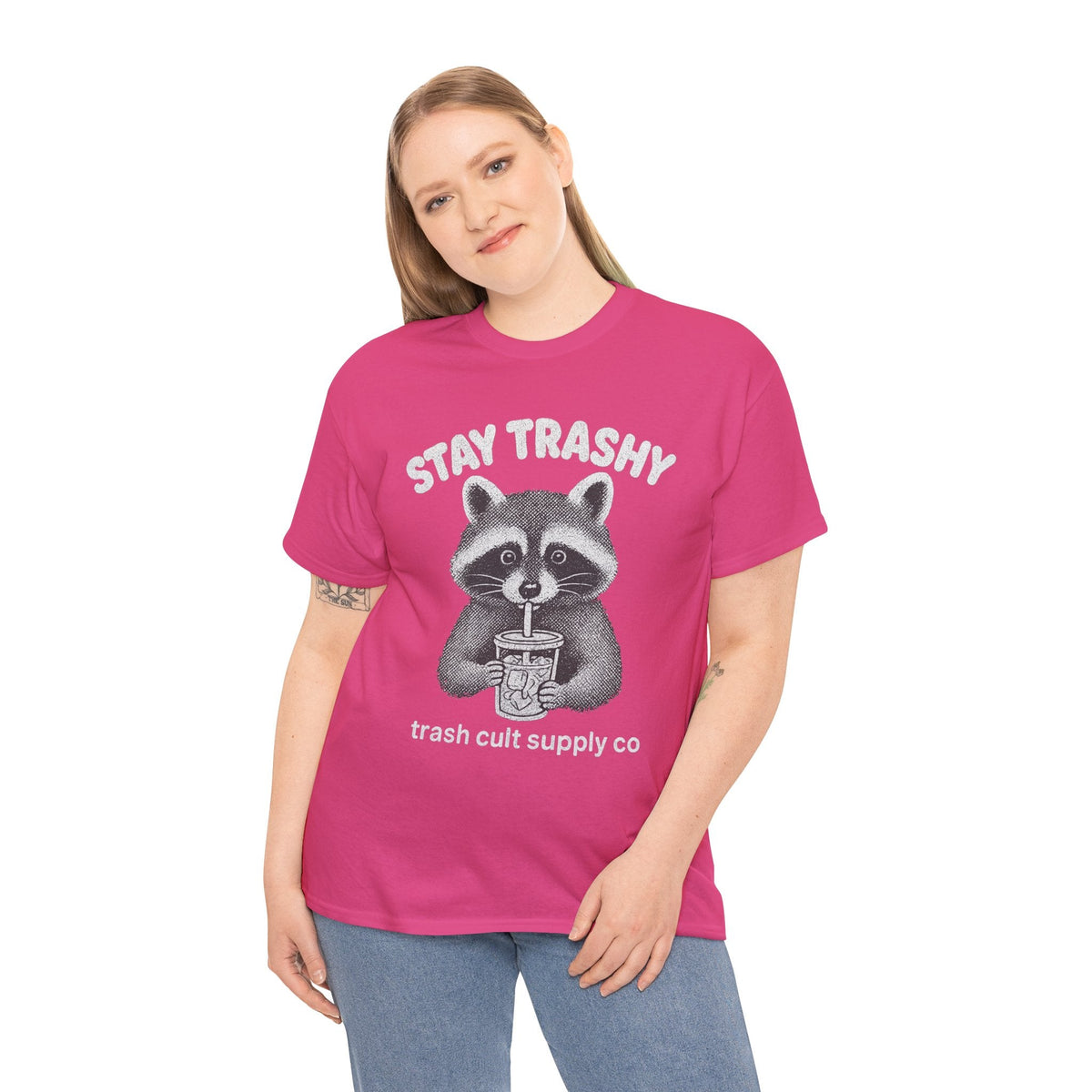 Stay Trashy Raccoon Iced Coffee Shirt – Halftone All White Design | Trash Cult Supply Co.