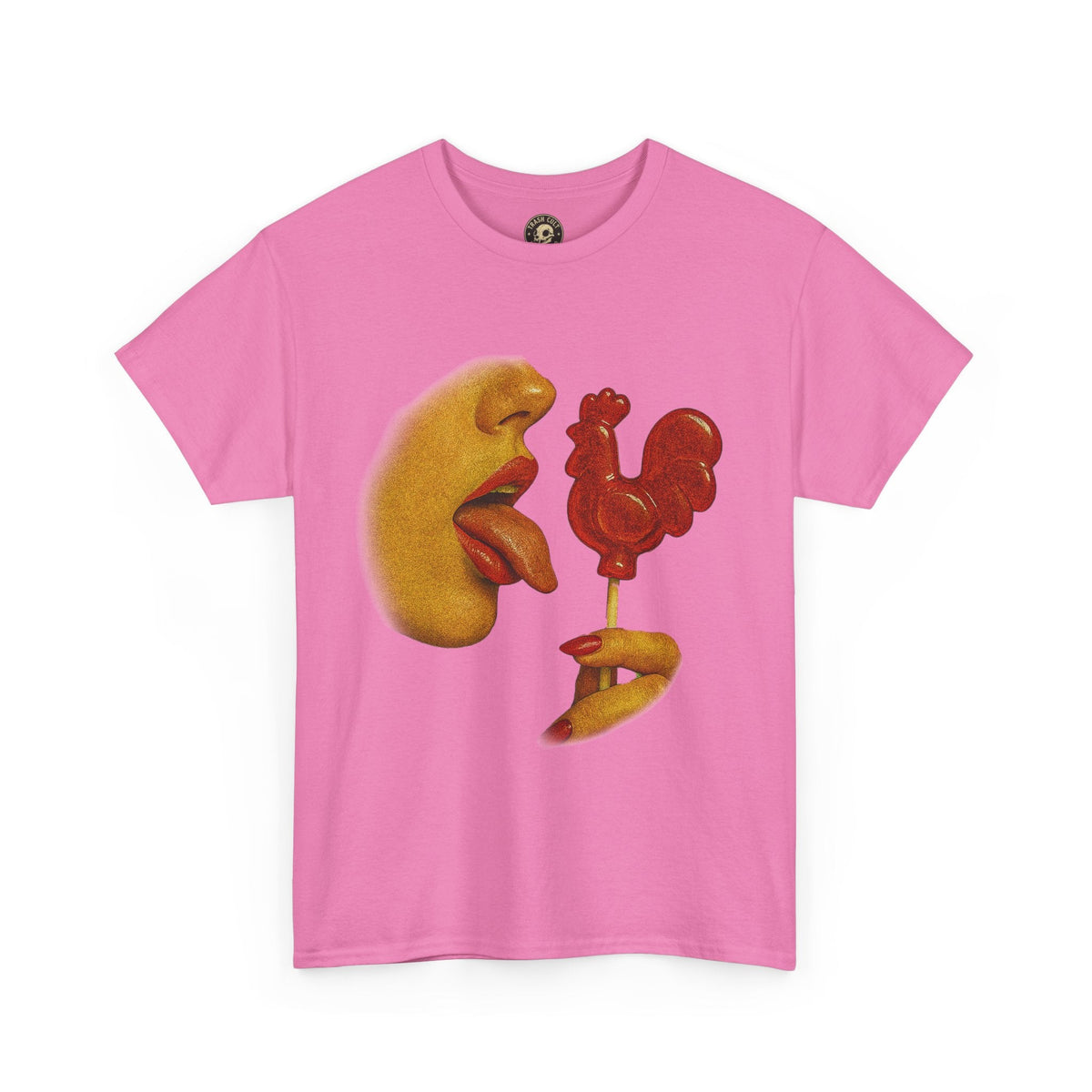Bold Retro Halftone Tease – Red Rooster Lollipop Graphic Tee