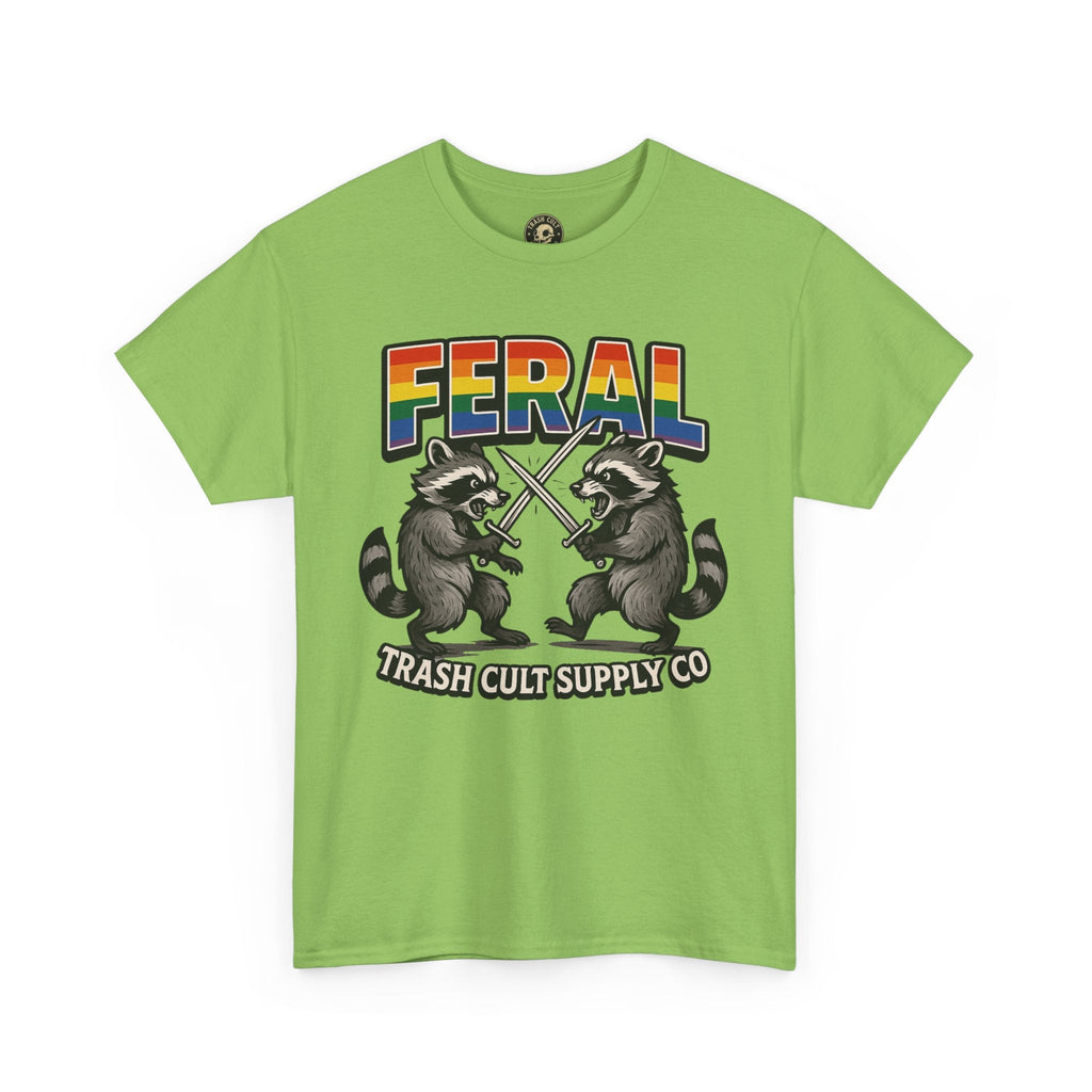 FERAL Rainbow Raccoon Sword Fighting Graphic Tee – Gildan 5000 Heavy Cotton