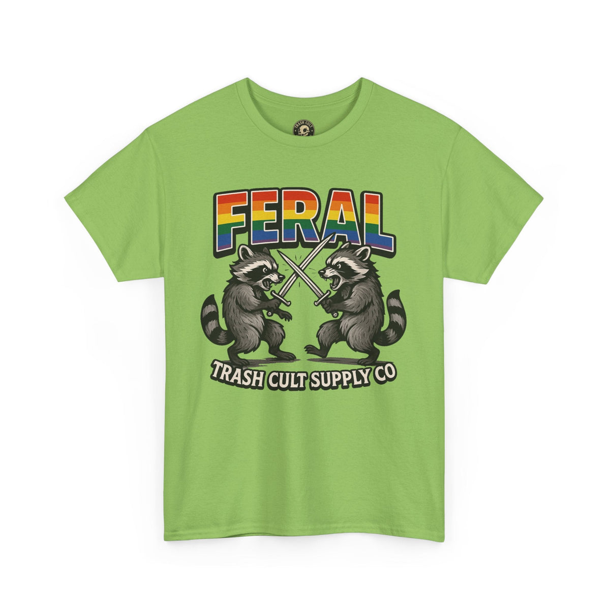 FERAL Rainbow Raccoon Sword Fighting Graphic Tee – Gildan 5000 Heavy Cotton