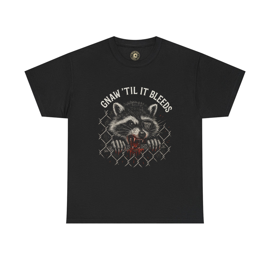 Gnaw ’Til It Bleeds Raccoon Tee – Feral Trash Cult Shirt, Metalcore Punk Animal Graphic, Gildan 5000 Unisex Black T-Shirt