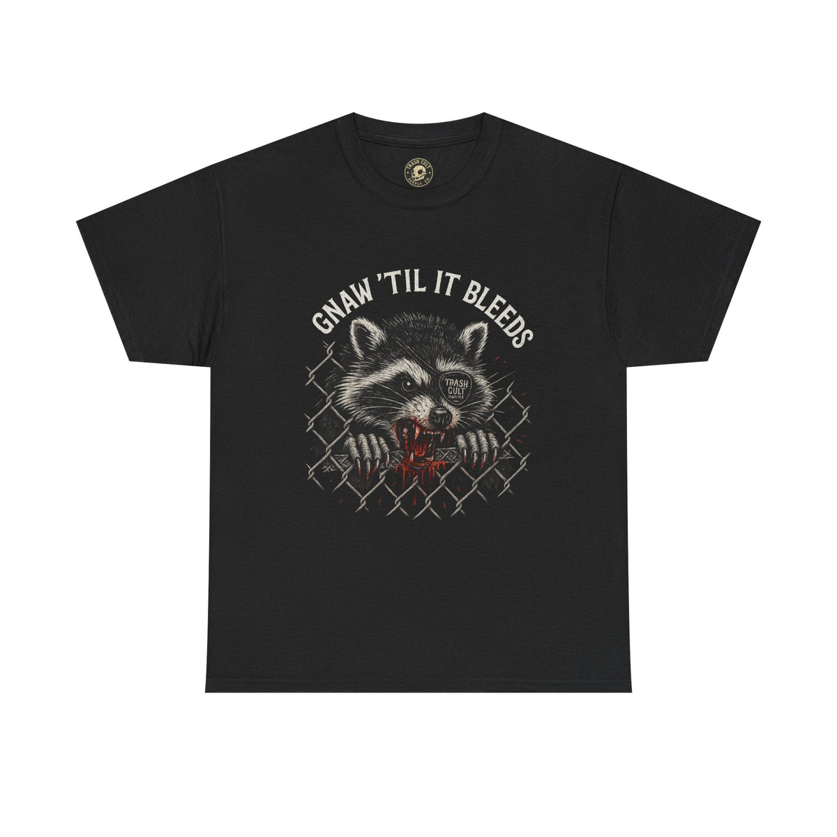 Gnaw ’Til It Bleeds Raccoon Tee – Feral Trash Cult Shirt, Metalcore Punk Animal Graphic, Gildan 5000 Unisex Black T-Shirt
